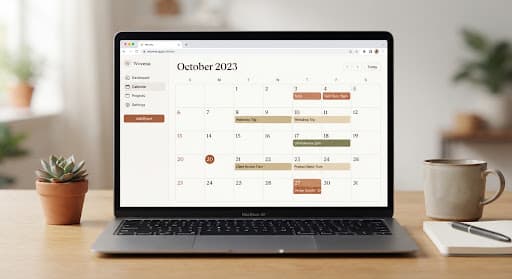 Wovena calendar screen with a spacious monthly grid