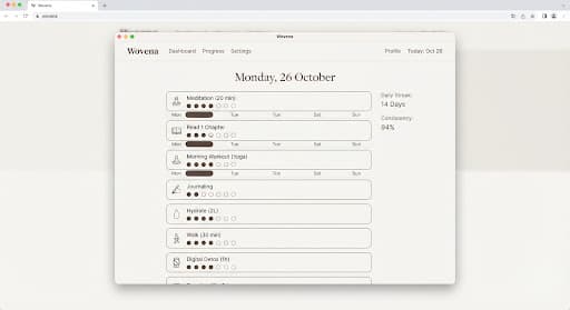 Wovena habit tracking screen with a calm vertical list of daily rituals